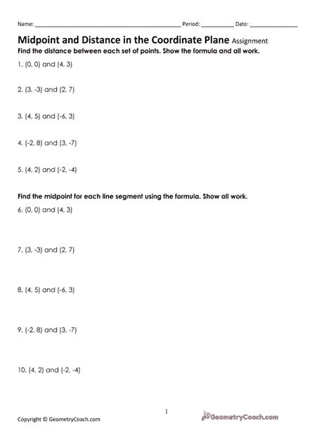 midpoint and distance formula worksheet with answers pdf